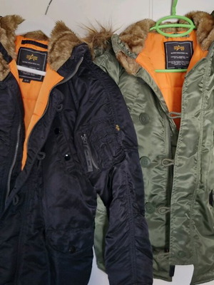 Alpha Industries N-3B Parka kids like new, sizes 7/8 & 9/10, black and sage green