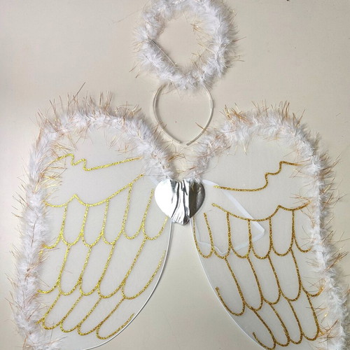 Angel Set with Halo Headband and Large White Wings with Gold Details 49cm