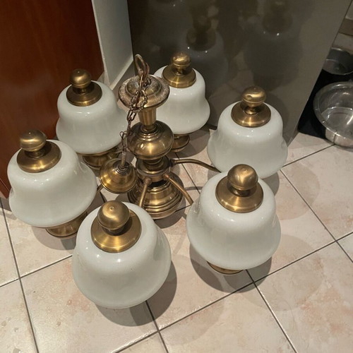 Bronze ceiling light refurbished with six white glass shades