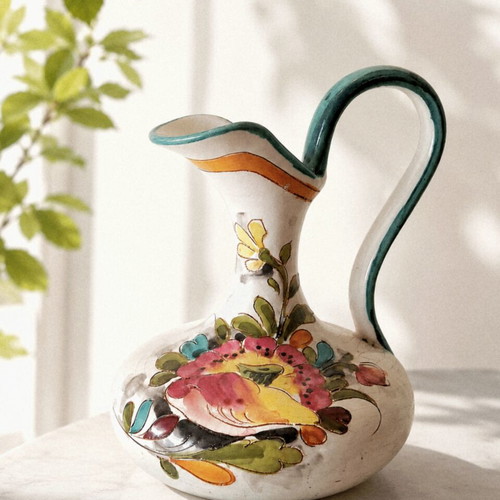 Vintage Italian Pottery Pitcher hand painted with floral relief