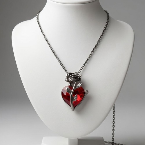 Steel necklace with red heart and rose, new