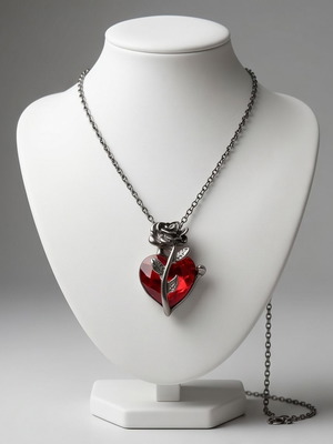Steel necklace with red heart and rose, new