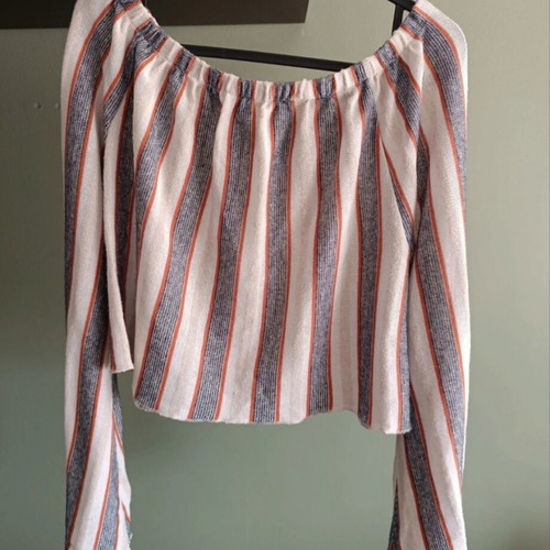 Zara crop top off shoulder used, striped, grey and beige