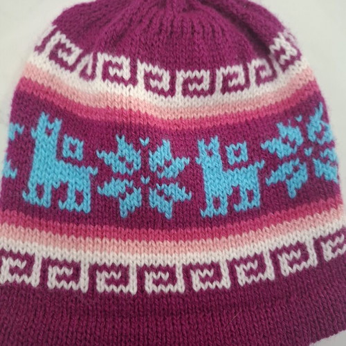 Handmade knit hat 39cm with Llama pattern from Peru like new, colorful