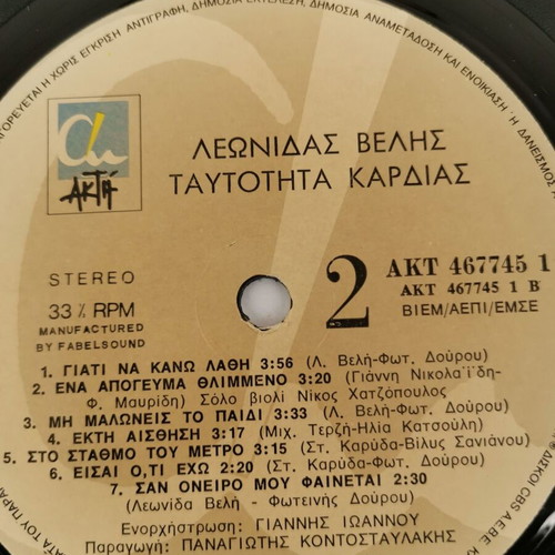 Leonidas Velis Vinyl Record Taftotita Kardias used