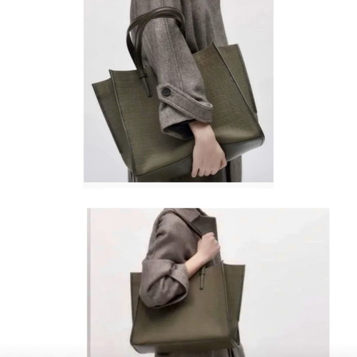 Zara viral Mock Croc canvas shoulder tote bag, khaki olive green
