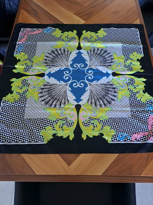 H&M scarf used, printed in black, white, lime, blue shades