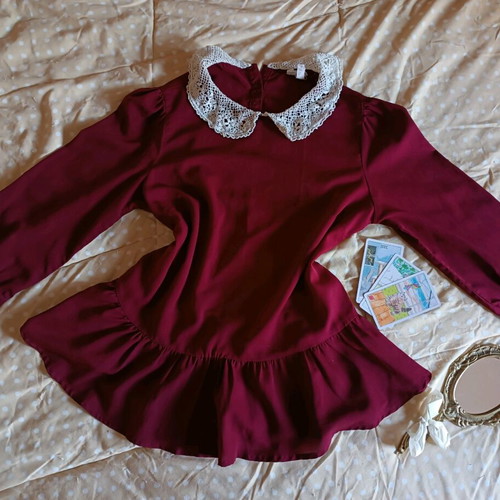 Coquette vintage burgundy blouse with knitted collar like new, size S
