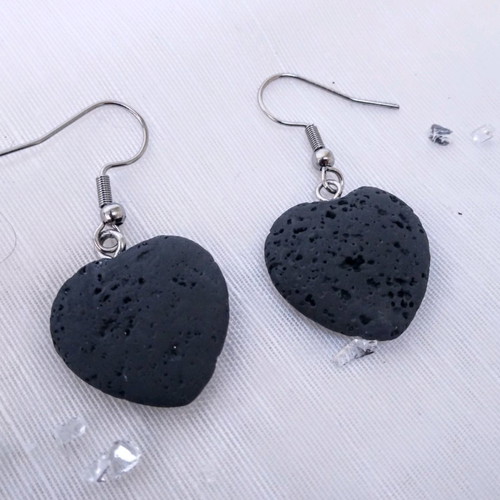 Heart earrings made of black lava new with stainless steel hooks