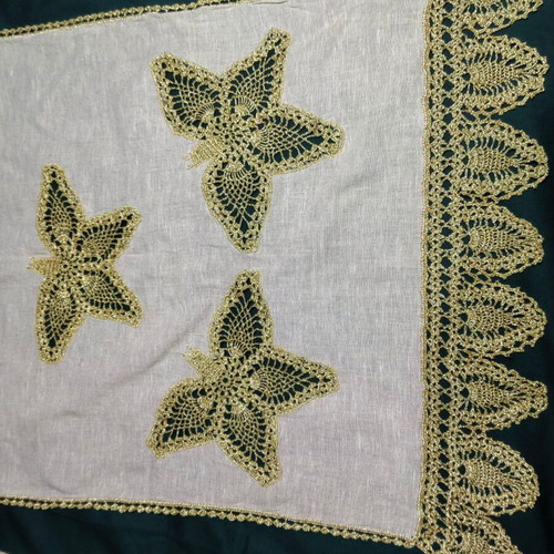 Vintage 60s handmade table runner set with gold butterflies and lace, 2 doilies like new
