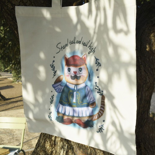Tsolias Cat Tote Bag, white polyester shoulder bag
