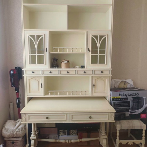 Carved vintage desk used with top unit and beige patina bookshelf