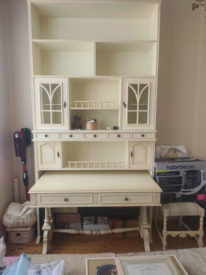 Carved vintage desk used with top unit and beige patina bookshelf