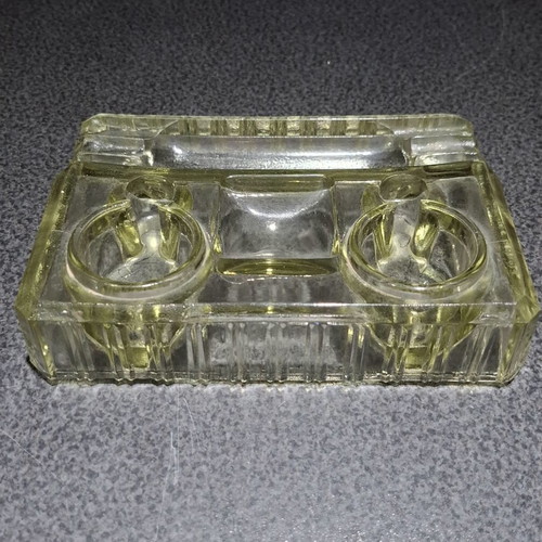Glass double inkwell desk stand Art Deco vintage used