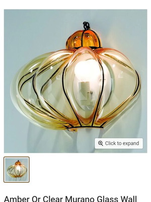 Murano blown glass wall light with brass details, amber color
