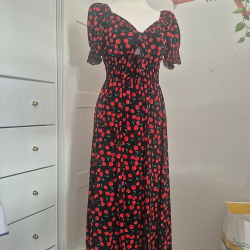 Cherry print midi dress like new, viscose, black, size S
