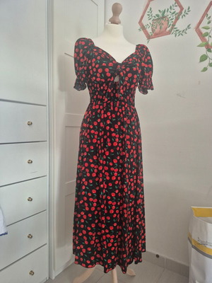 Cherry print midi dress like new, viscose, black, size S