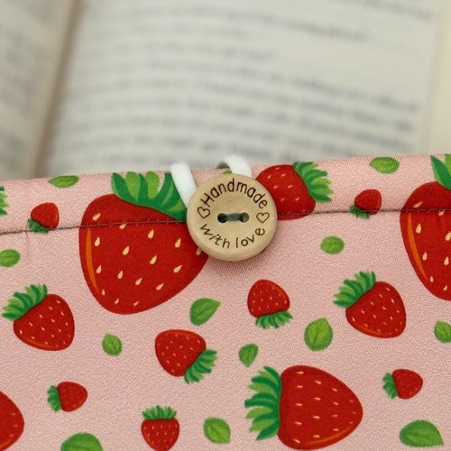 Handmade book sleeve with strawberries design and soft lining 20x27cm