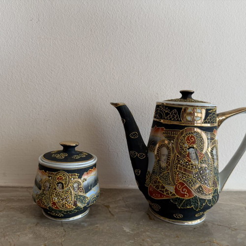 Vintage Satsuma tea set with teapot and sugar bowl, hand painted LD