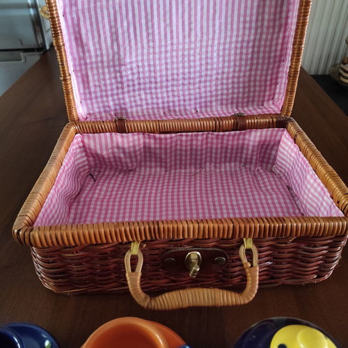 Picnic toy set new with wicker basket and glass cups