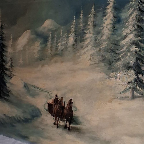 Winter painting by J. Denis used, 117x47 cm, snowy forest landscape
