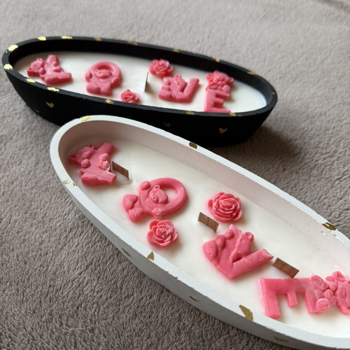 Handmade soy candle LOVE in plaster mold with gold hearts