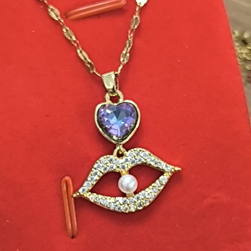 Gold Necklace with Purple Heart, Lips and Pearl, Stainless Steel, New