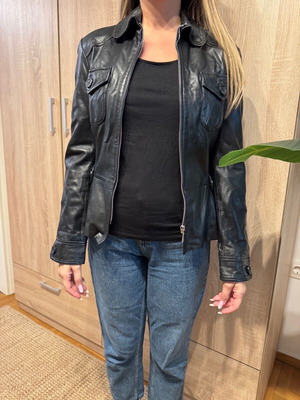 Lapel leather women's jacket used, black, size S
