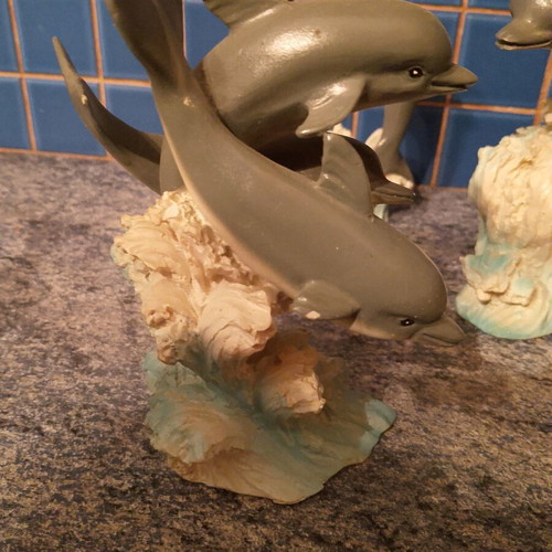 Dolphin Figures used, set of 4 ceramic wave decor