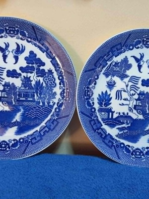 Tajimi Blue Willow Dinner Plates used, set of 2, Japan