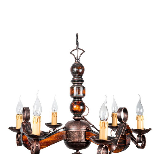 Handmade ceiling light with 6 lights, new, metal and wood