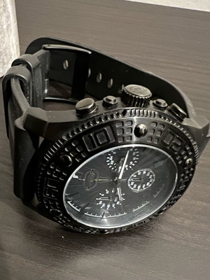 Marc Ecko men's watch black, like new, stainless steel case, rubber strap, chronograph