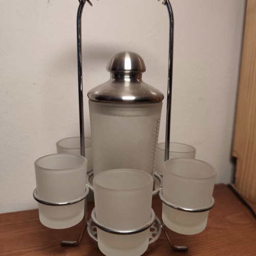 Vintage cocktail shaker set with frosted glass and metal stand like new