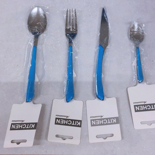 Inox cutlery set with blue handles, new