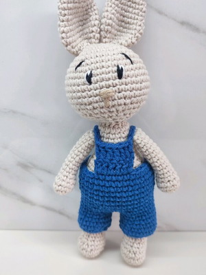 Amigurumi knitted bunny new with dark blue overalls