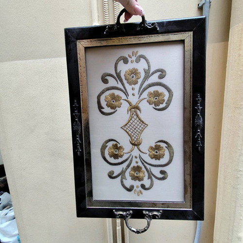 Vintage wooden tray with embroidery used
