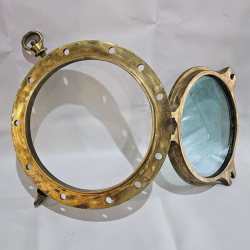 Heavy-Duty Brass Porthole Window used, thick glass, 17 kg