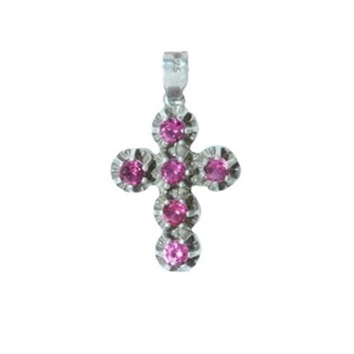 Handmade silver small cross pendant 925 with large fuchsia zircon