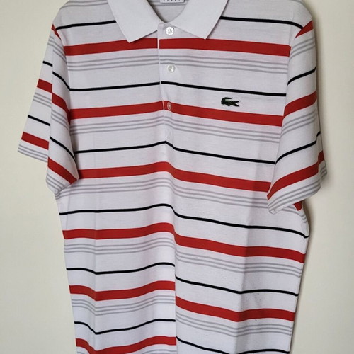 Lacoste polo used, size L, striped white and orange