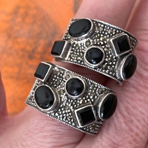 Large handmade silver vintage earrings 925 with agate like new, clip on