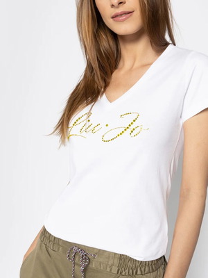 Liu Jo white rhinestone logo V-neck T-shirt, size small