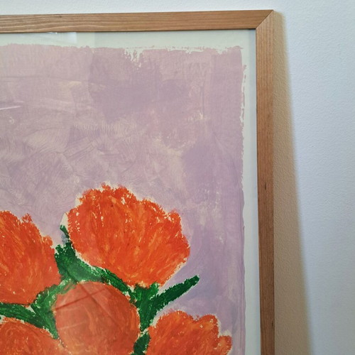 Minimal Art Print Orange Florals in wooden frame new