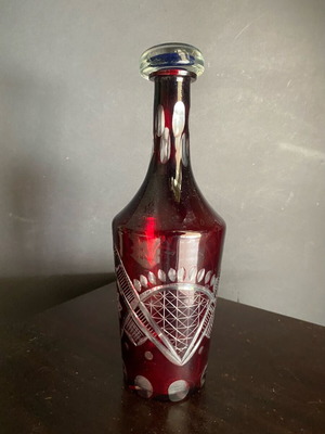 Red glass vintage bottle like new, height 30 cm