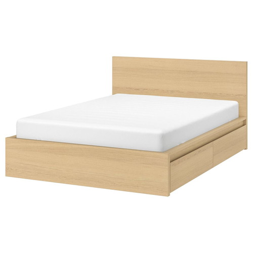 Malm Bed White Oak 160x200cm like new with 4 storage drawers