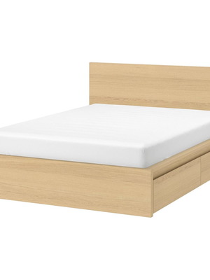 Malm Bed White Oak 160x200cm like new with 4 storage drawers