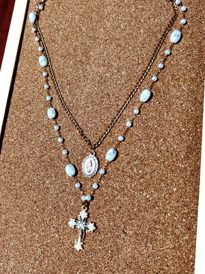 Rosary Necklace Double Chain Stainless Steel Like New, Gold and White
