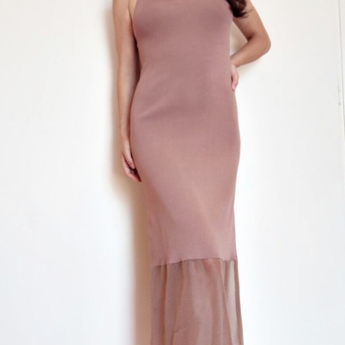 Zara maxi dress S, dusty mauve brown pink, knit with sheer hem