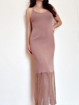 Zara maxi dress S, dusty mauve brown pink, knit with sheer hem