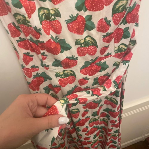 Women's dress with strawberries, below knee length, with belt