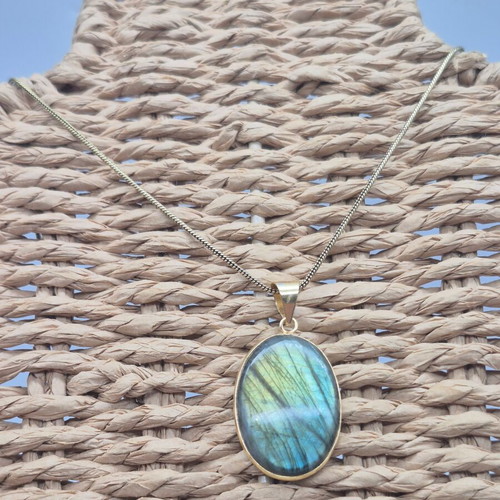 Labradorite Cabochon Brass Necklace new, brass chain